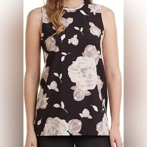 Mud pie floral tank top big flowers black neutral tan Sz. Small